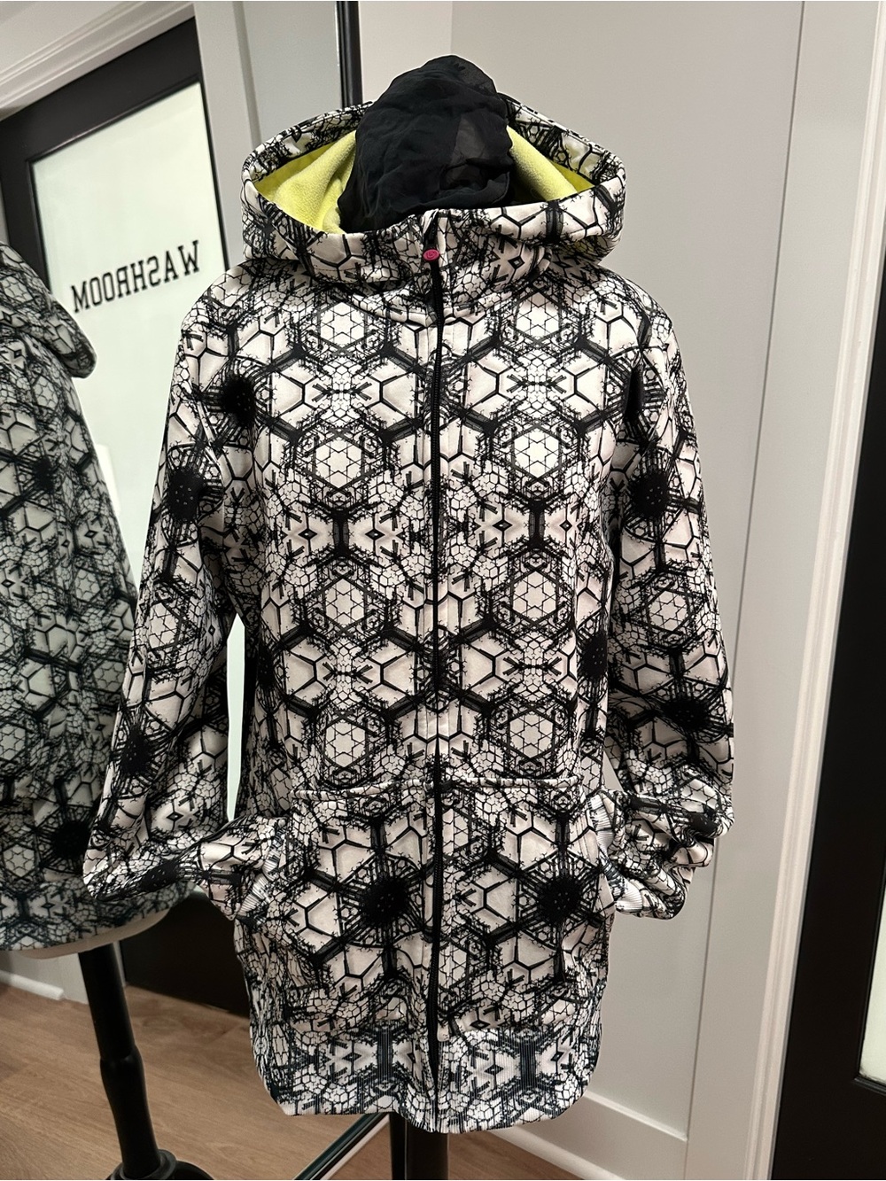 Burton Black & White Geometric Hooded Snow Jacket with Lime Lining